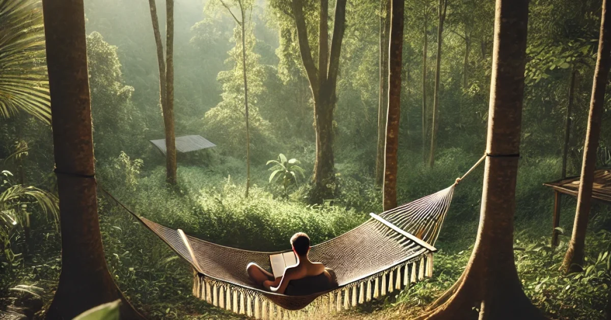 DALL·E 2024-08-20 14.49.00 - A serene outdoor setting featuring a person lounging on a hammock. The hammock is tied between two sturdy trees, surrounded by lush, green foliage. Da